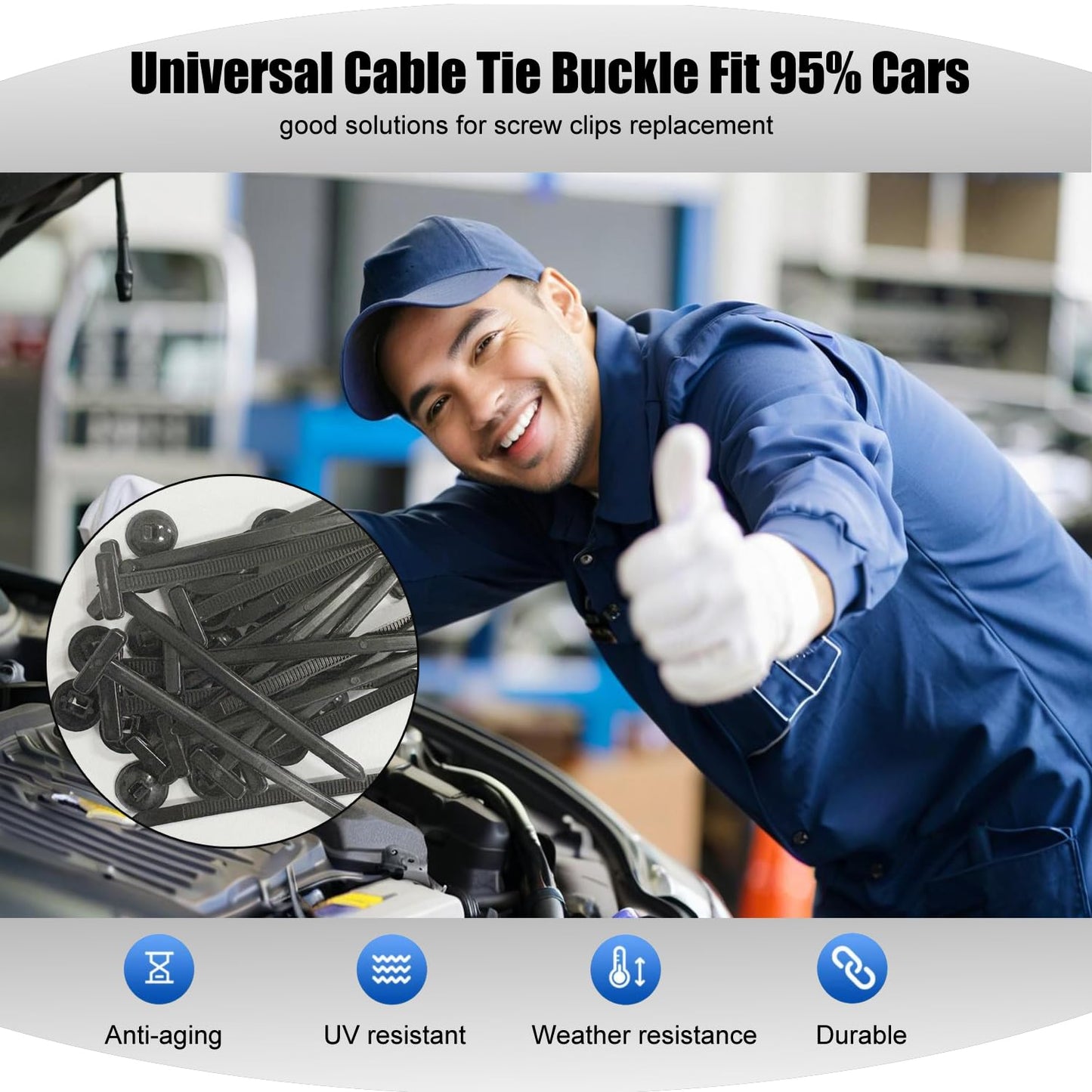 120PCS Nylon Universal Cable Tie Buckle, Heavy Duty Self-Locking Nylon Cable Zip Ties Holder, Fasteners Clips for Car Repair, Home Garage Use