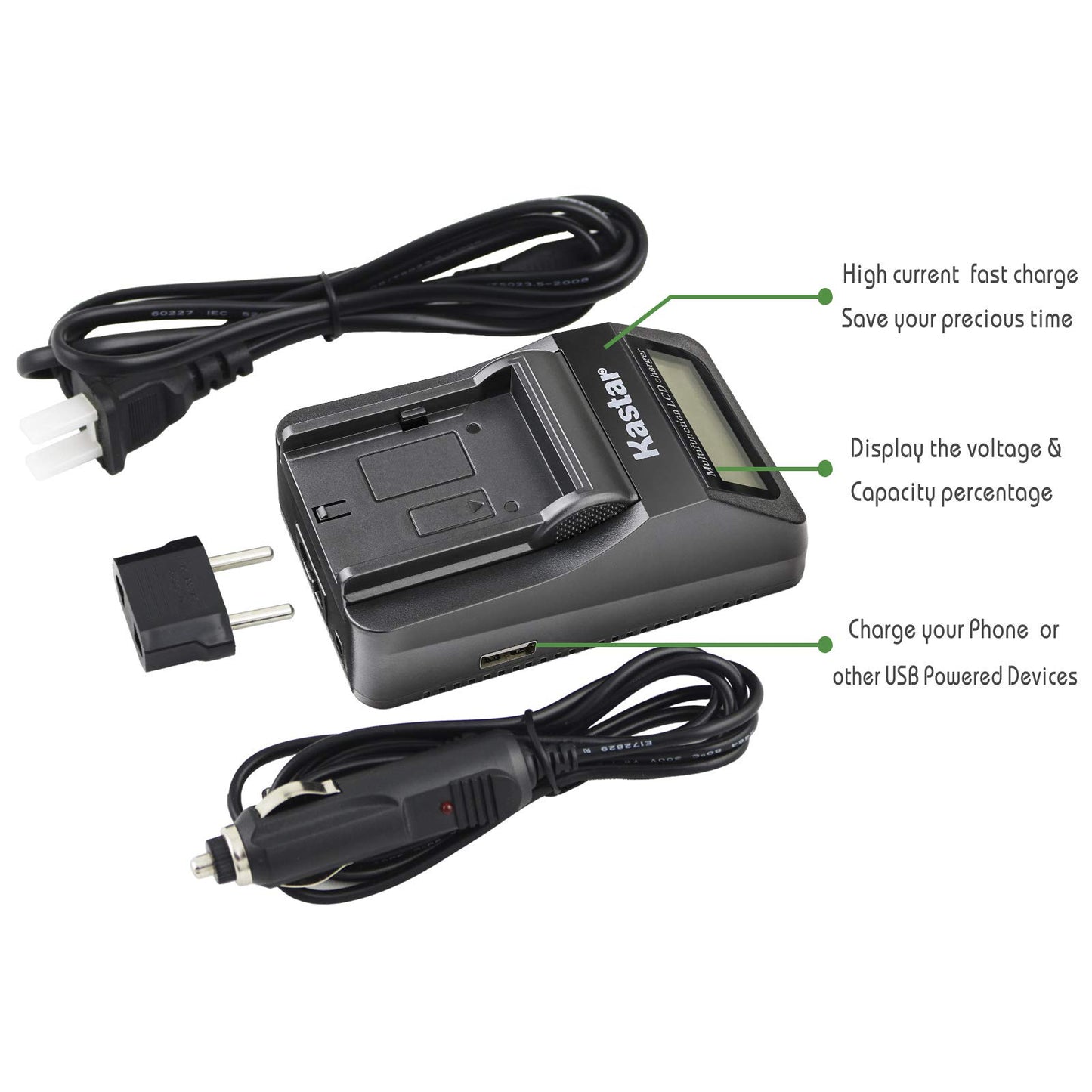 Kastar Fast Charger + Battery (2-Pack) Replacement for Panasonic VW-VBG6 VWVBG6 VBG6 Li-Ion Camcorder Battery and SDR-H60S, SDR-H60P, SDR-H68GK