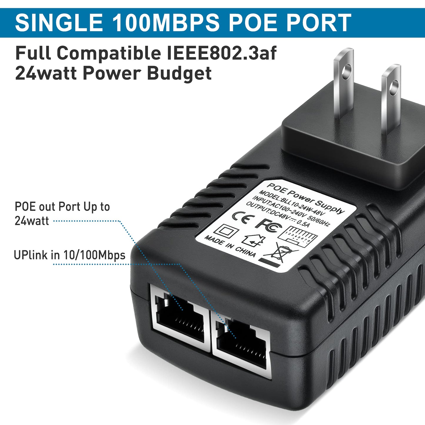 PwrON 48V PoE Injector IEEE802.3af 10/100Mbps for IP Phones Camera