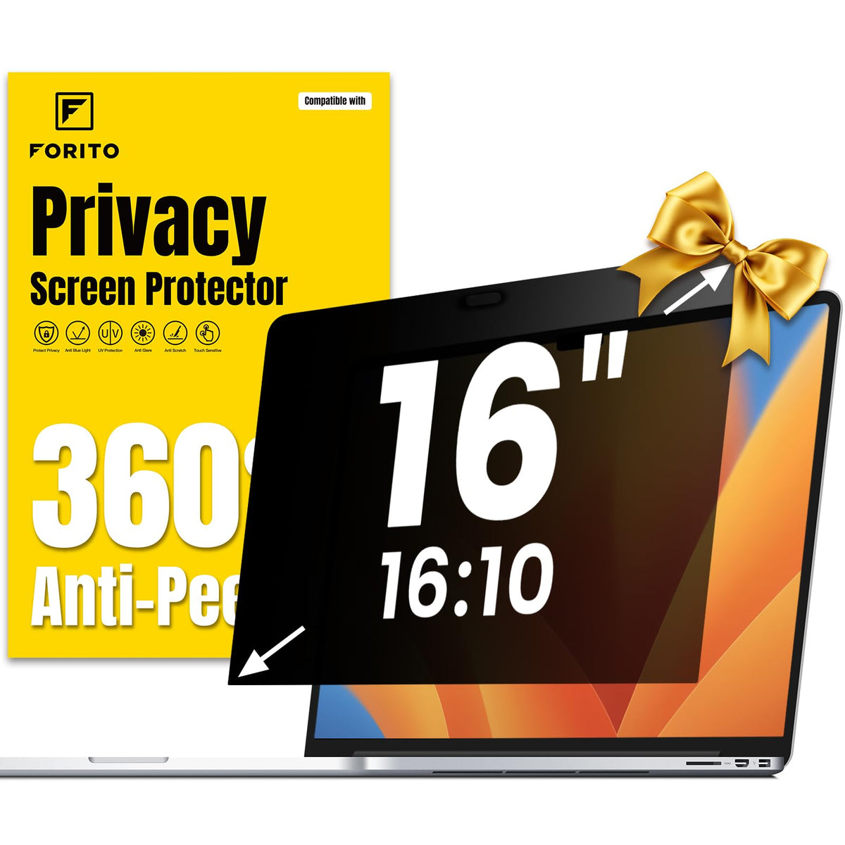 F FORITO 16 Inch 16:10 360° Laptop Privacy Screen Protector, Anti Peeping and Anti Glare Laptop Privacy Shield, Reduce Eye Strain & Eye Protection