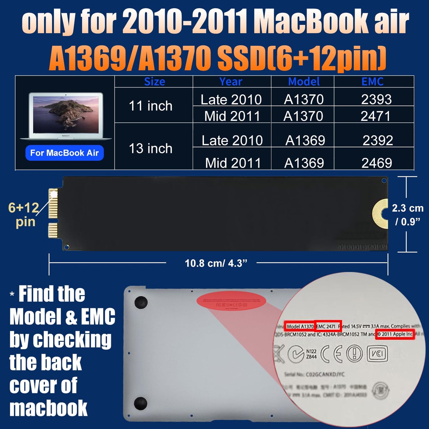 Bitsjour MacBook SSD Enclosure for 6+12pin Apple 2010 2011 MacBook Air SSD A1370 EMC 2393/2471, A1369 EMC 2392/2469, USB 3.0 External Case