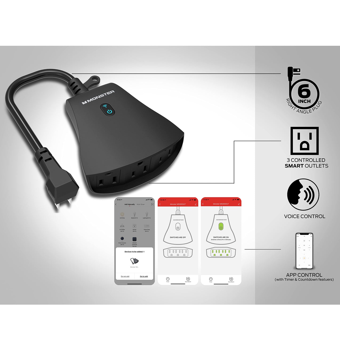 Monster Outdoor Smart Outlet Plug, 3-Outlet, Voice Control Compatible with Alexa and Google Assistant, Scheduling, Timer Control, Automation, Quick