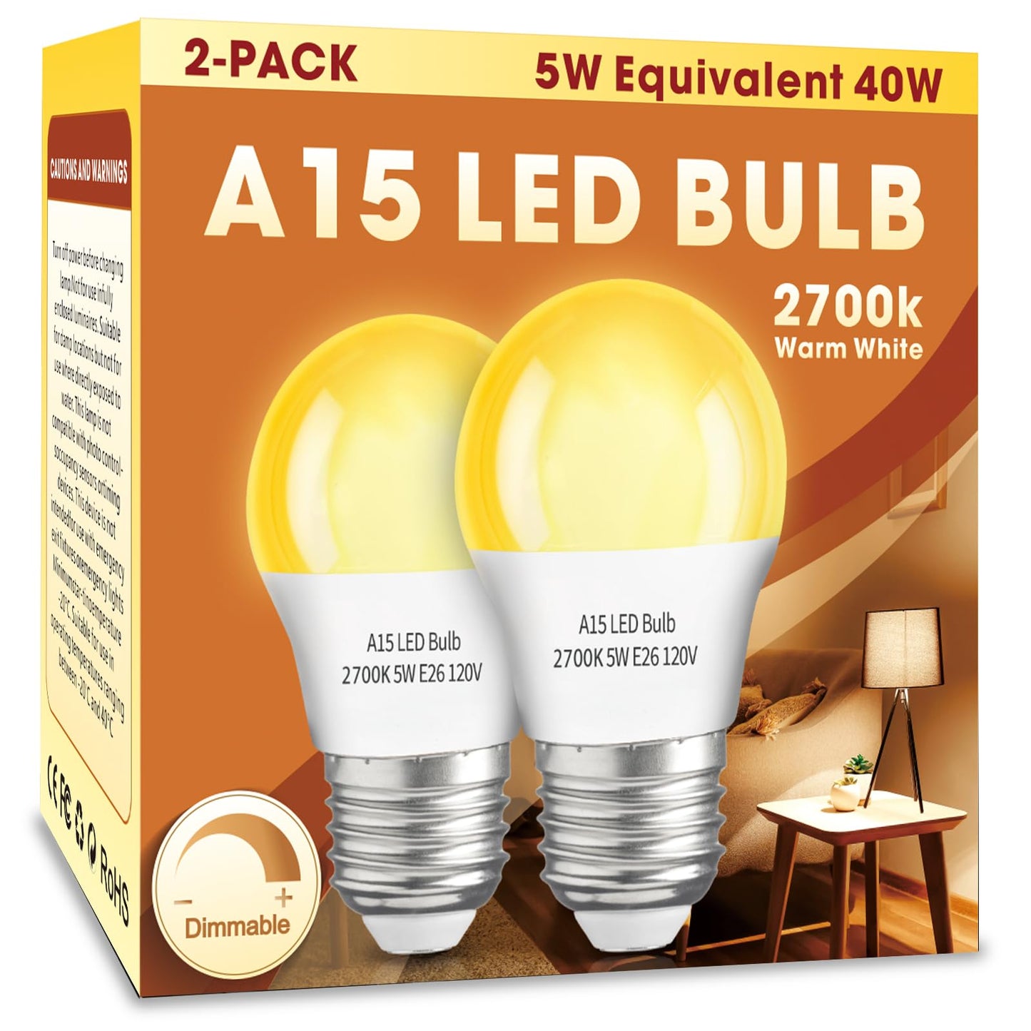 LOXYEE A15 LED Light Bulb 2 Pack, Dimmable 5W 2700K Table Lamp Bulb