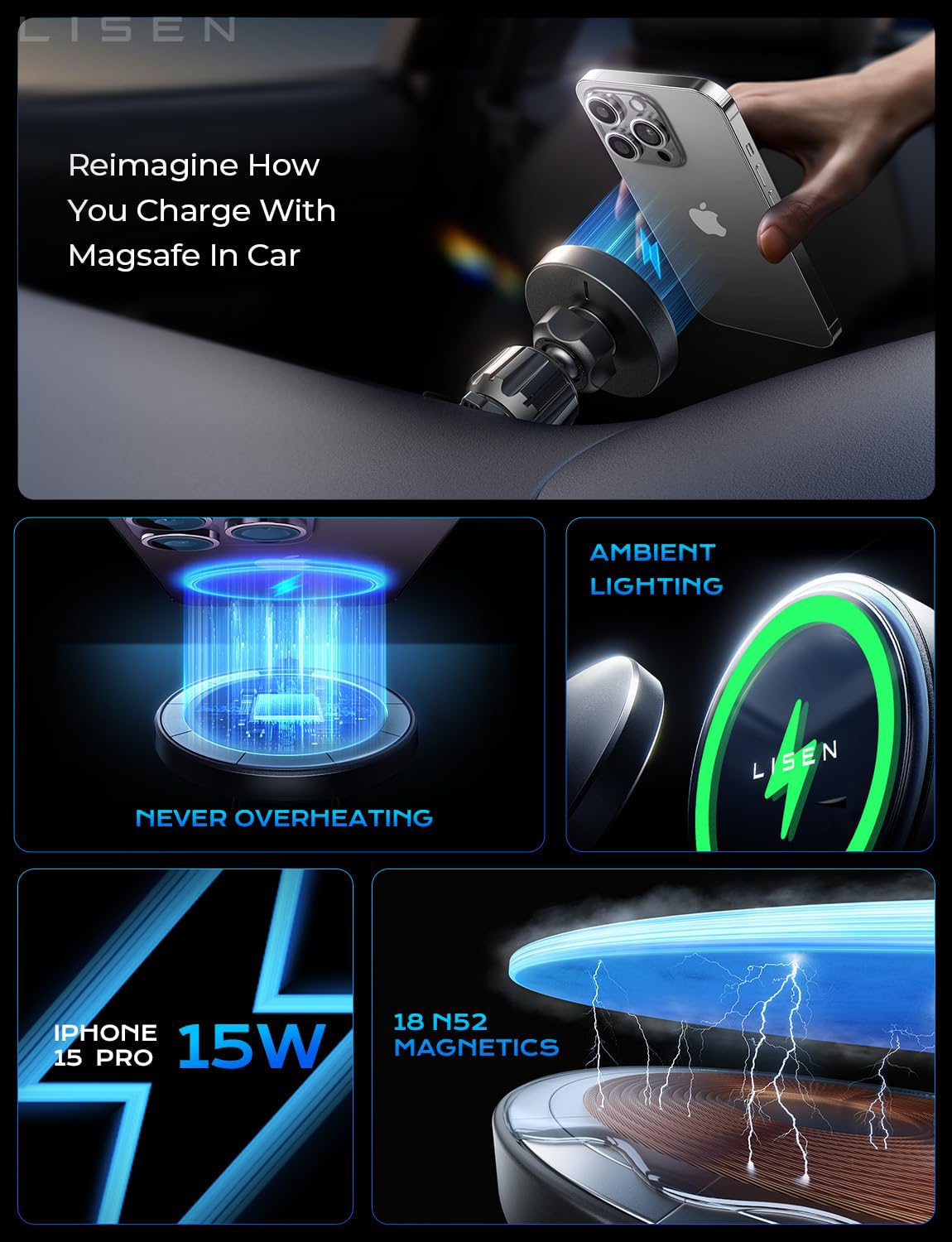LISEN for 15W MagSafe Car Mount Charger,Magnetic Wireless Car Charger for iPhone 17 Pro Max Accessories,Magnetic Phone Holder for iPhone