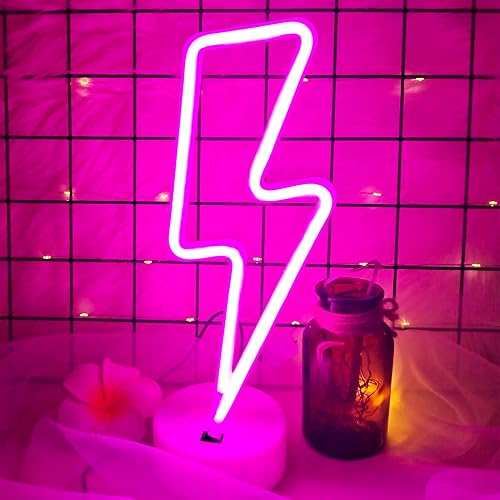 VIFULIN Pink Lightning Bolt Neon Sign, Aesthetic Room Decor for Bedroom, Battery/USB Operated LED Light with Base