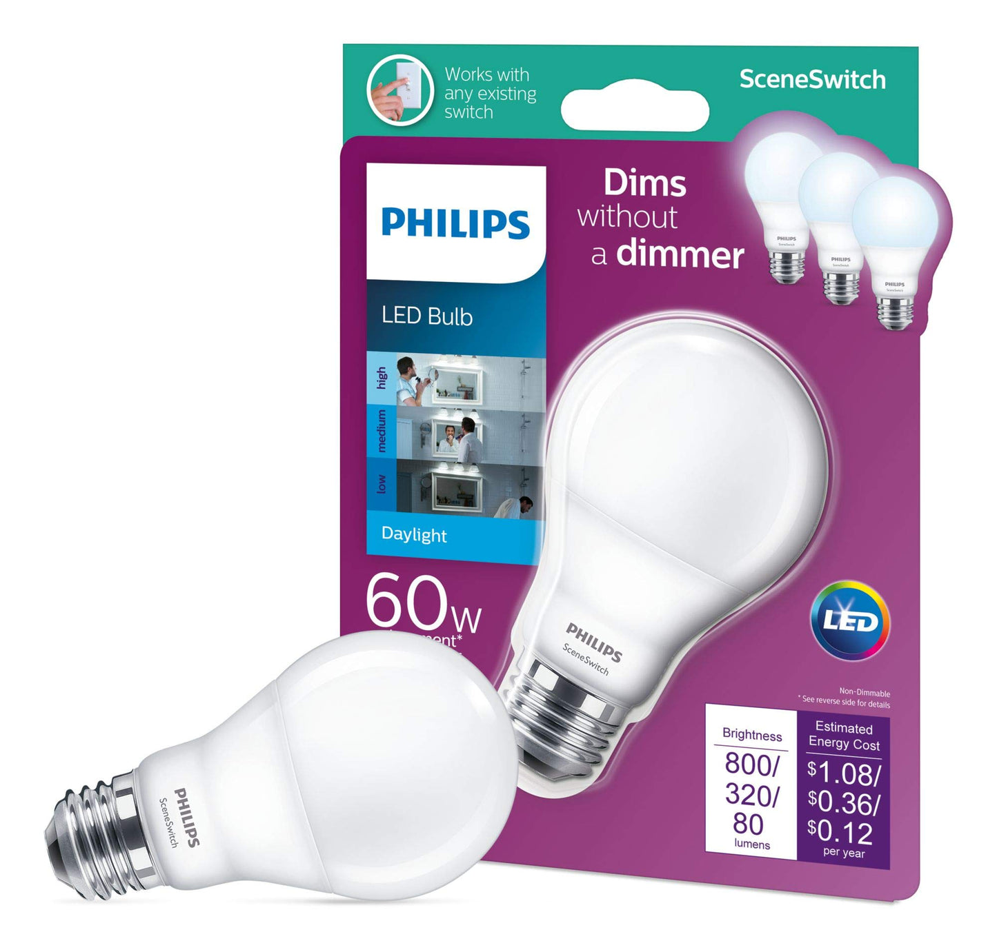 PHILIPS LED Frosted Non-Dimmable Scene Switch A19 Light Bulb - EyeComfort Flicker Free - 9W = 60W - 800/320/80 Lumen - Daylight (5000K) - E26 Base
