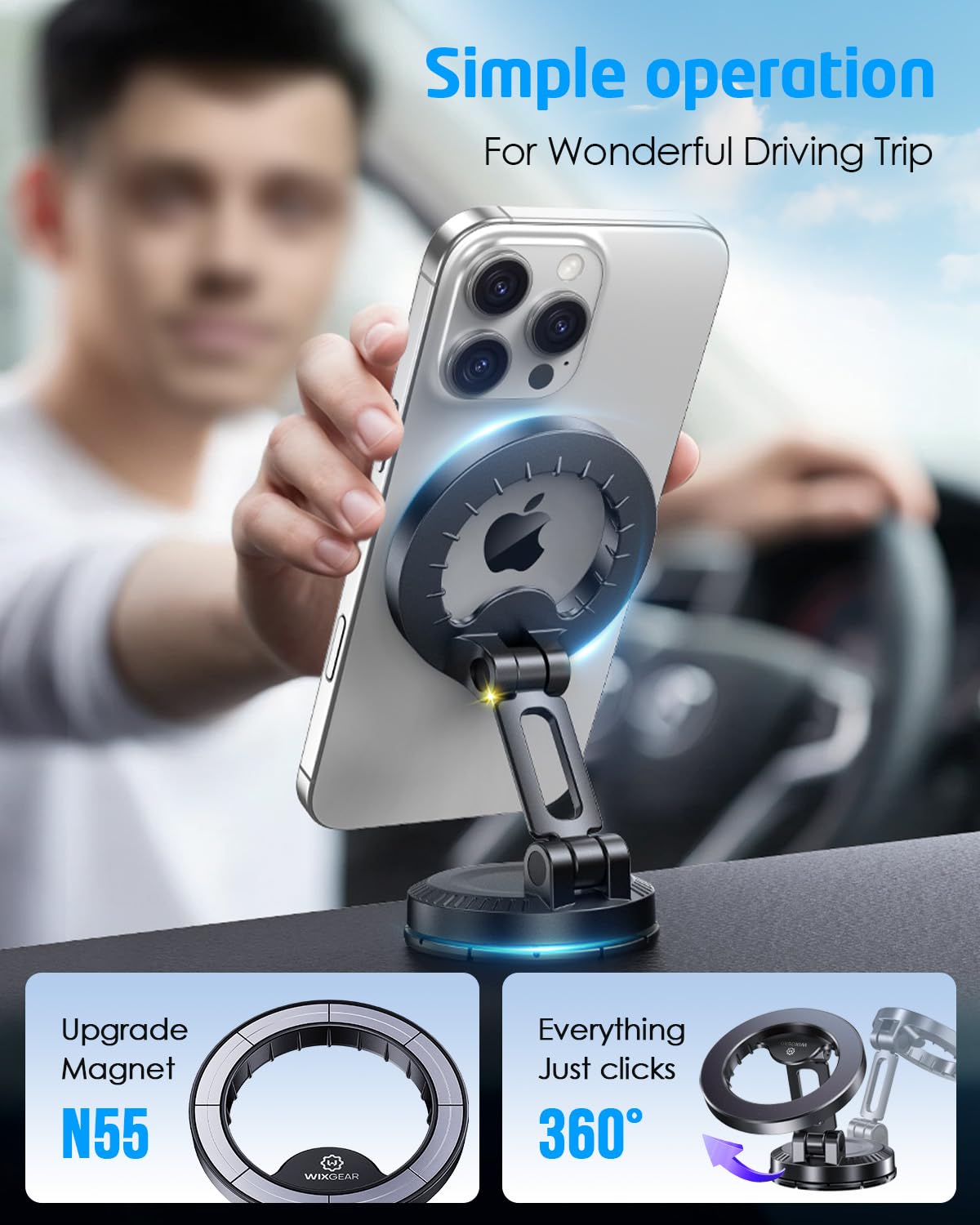 WixGear Stick-On Foldable Magnetic Car Mount Dashboard Phone Holder, Strong Magnet Mount for MagSafe iPhone & All Smartphones, 3M VHB Adhesive