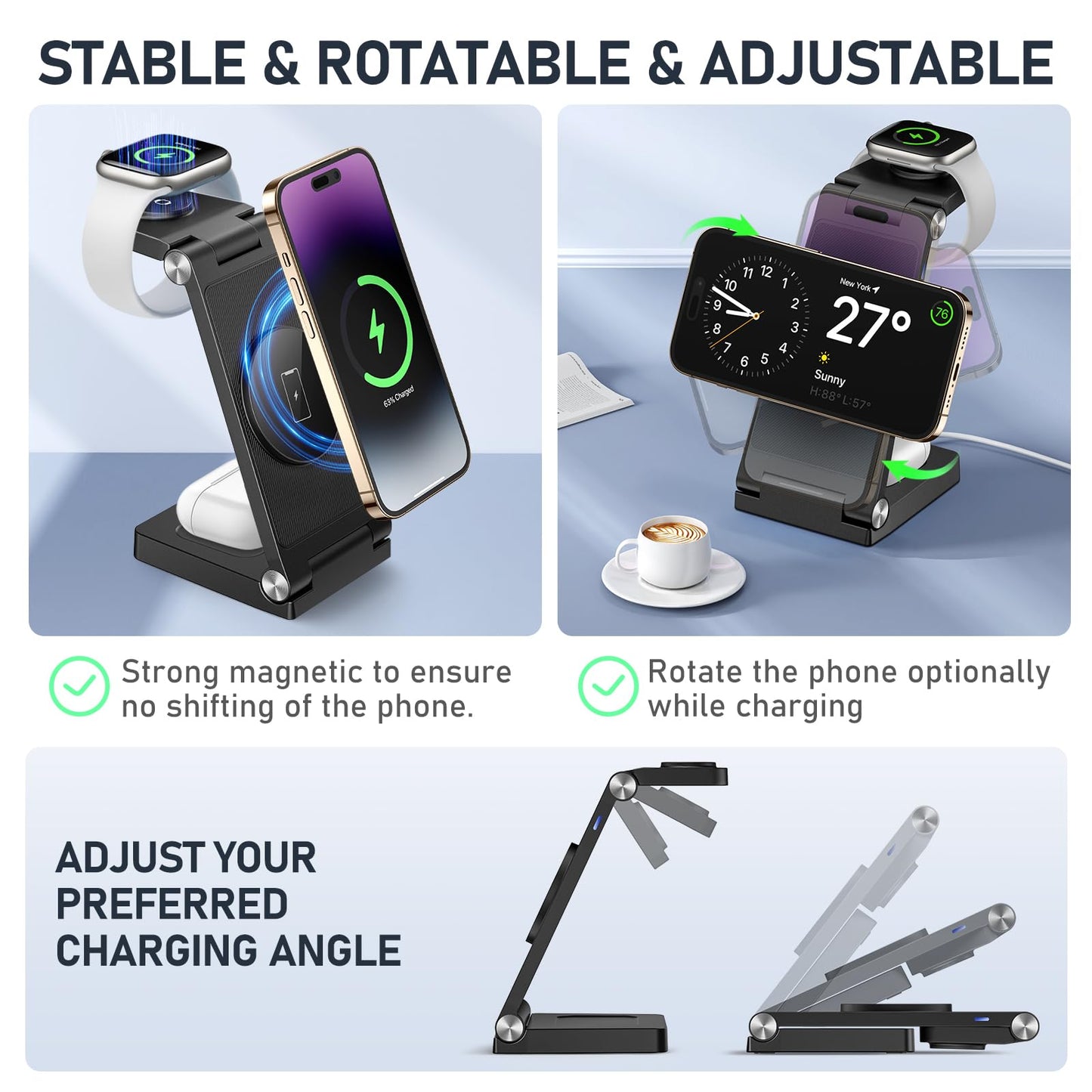 Magnetic Wireless Charger Stand, 3 in 1 Foldable Wireless Charging Station with 20W Adapter, Travel Charger for Multiple Devices for iPhone 17 16 15