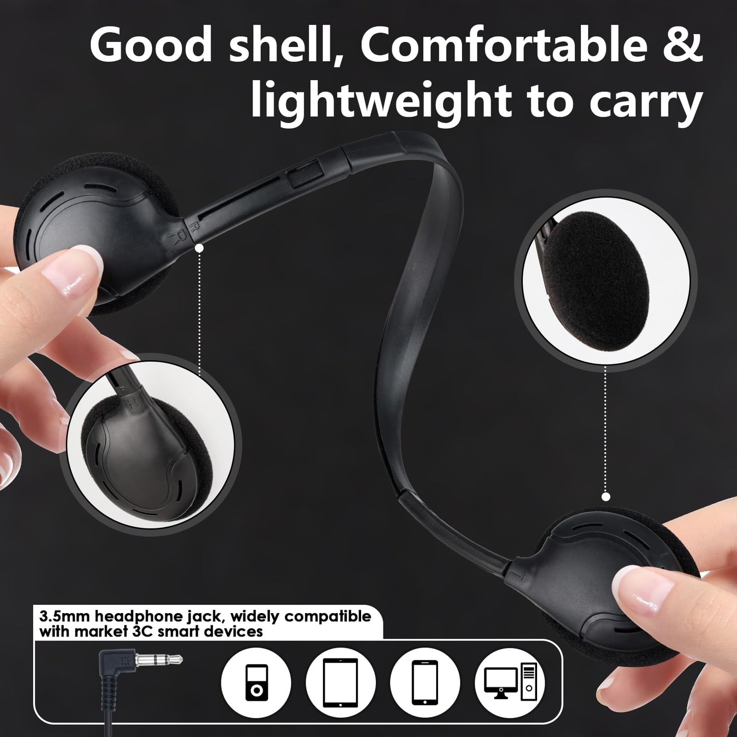 TJZXGUI Headphones Bulk for Classroom School Students 20 Pack Class Set Headphones for School Students Teenagers Boys Girls 3.5mm Jack (Black)