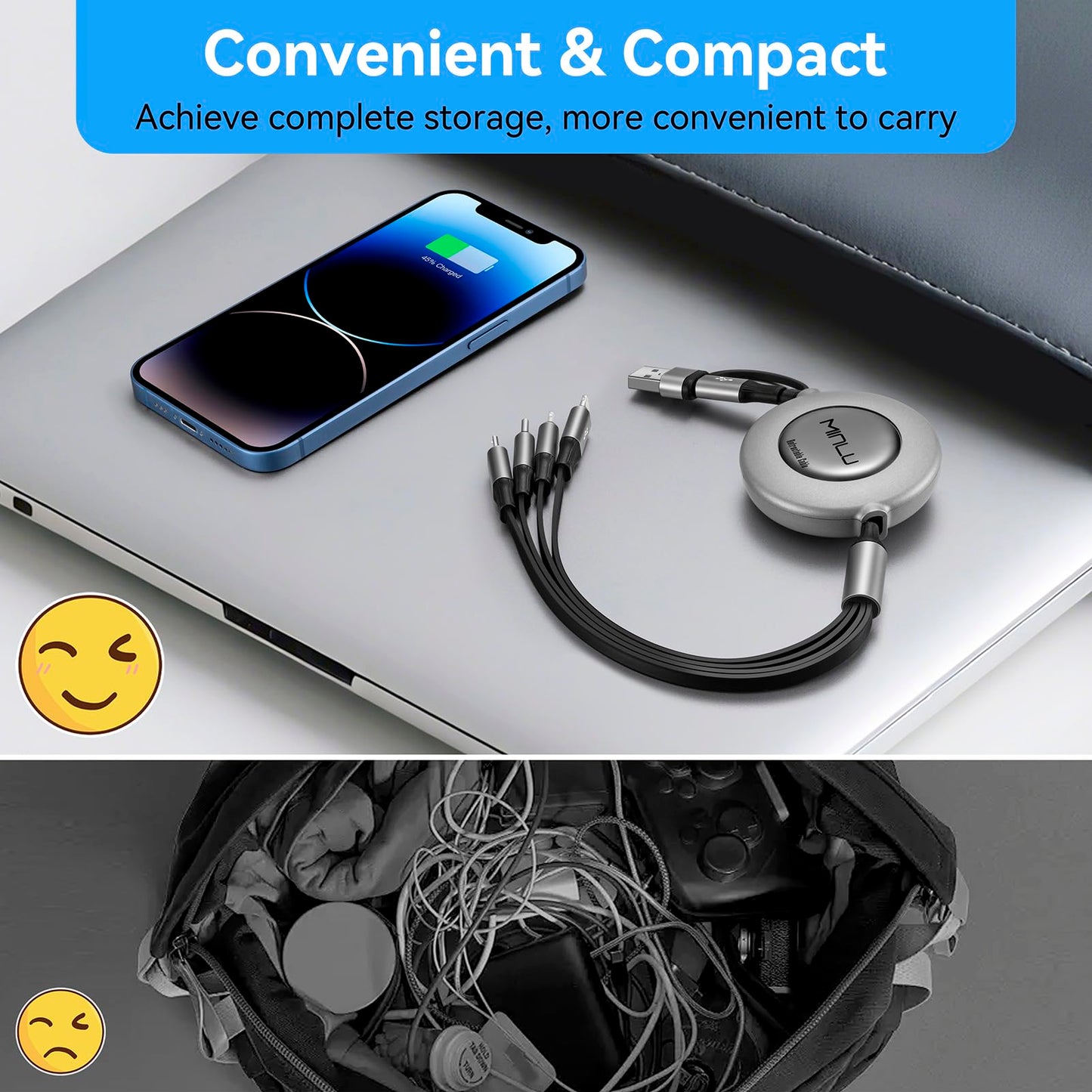 4 in 2 Multi Charging Cable 4A, 4Ft USBC Charging Cable, Retractable Car Charger with Lightning/Type C/Micro USB Ports for iPhone 16 15 14 Pro