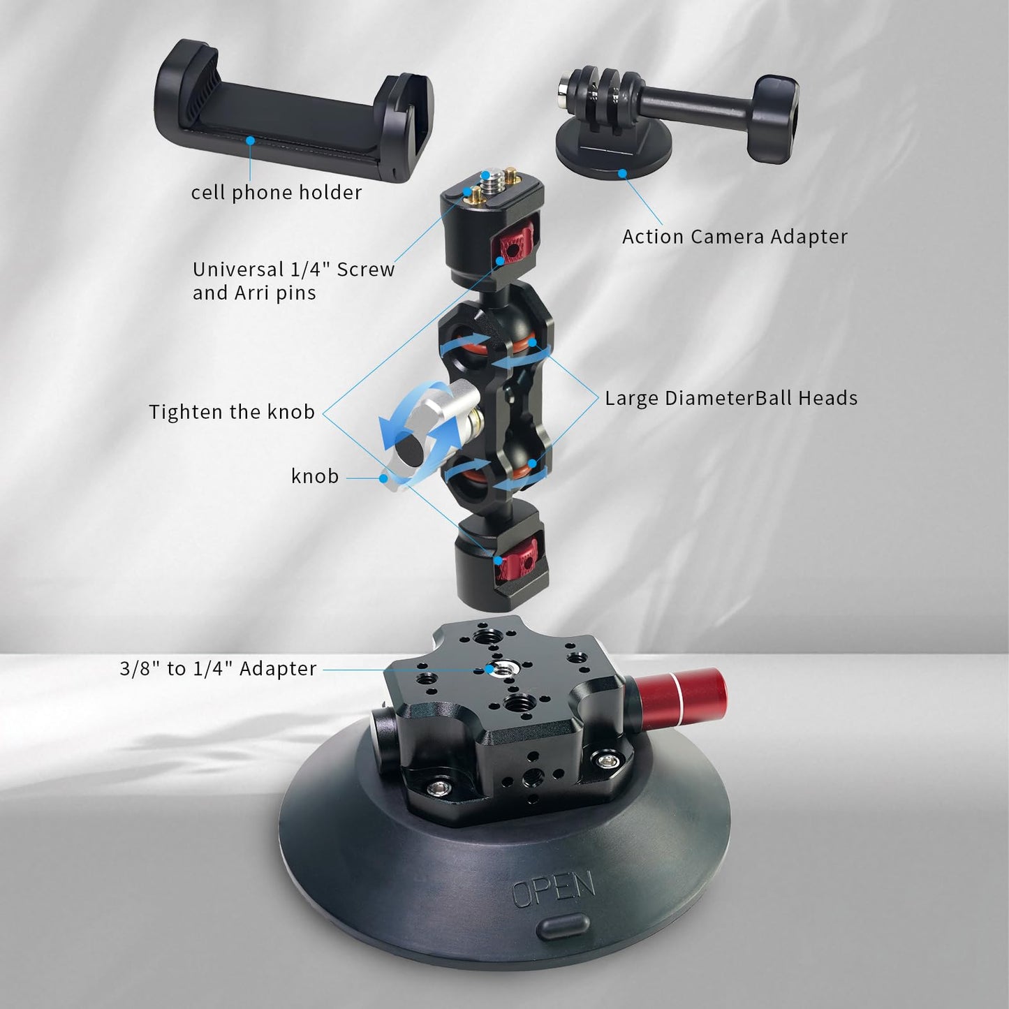 CNC Machined 6in Suction Cup Camera Mount with Ball Head Magic Arm, 1/4" ARRI Holes, Quick Release Car Mount with Phone Holder & Action Camera Adapter