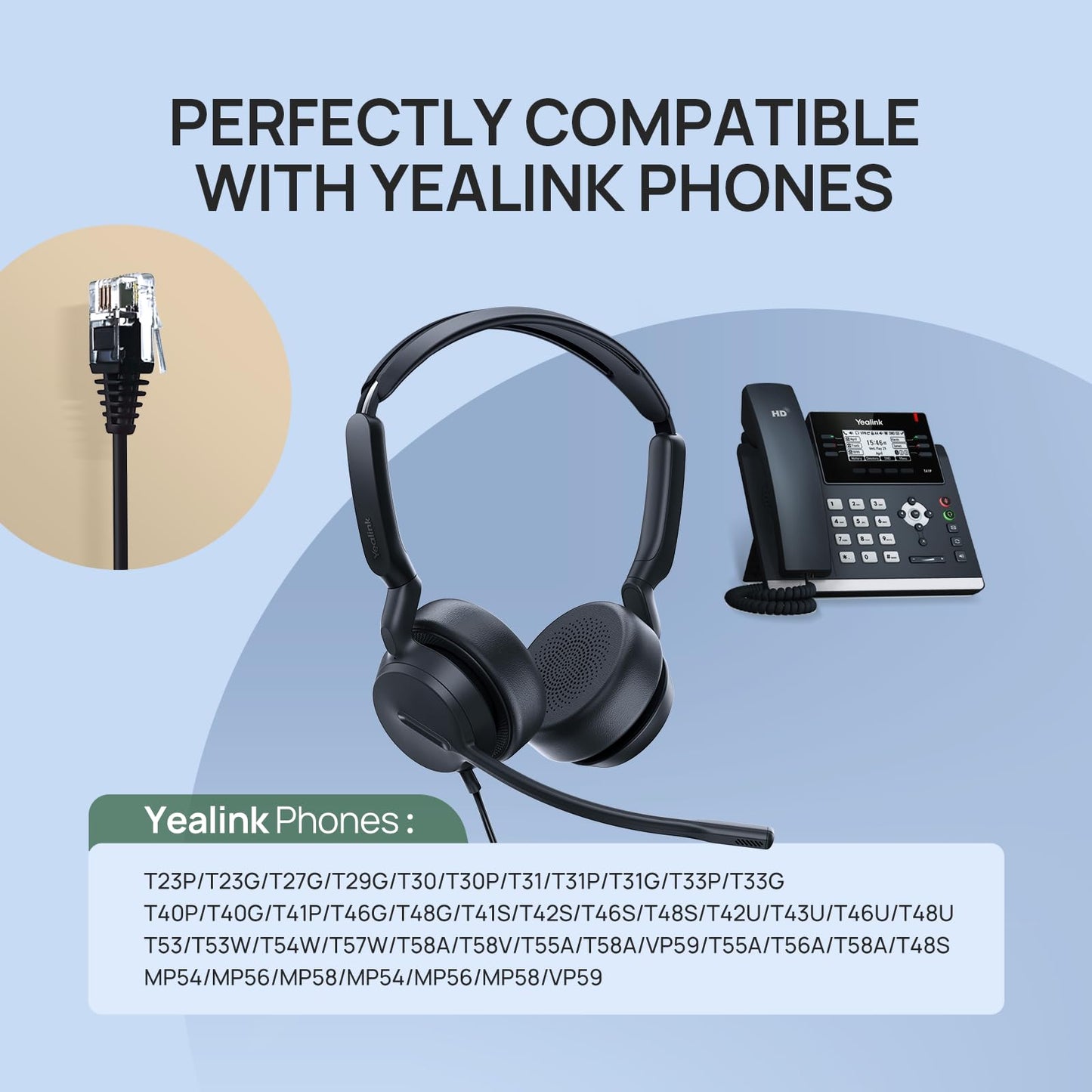 Yealink Phone Headsets for Office Phones YHS36 E2 QD to RJ9 Wired Headset Compatible with Poly Snom Phones Desk Landline VoIP Headset with Microphone