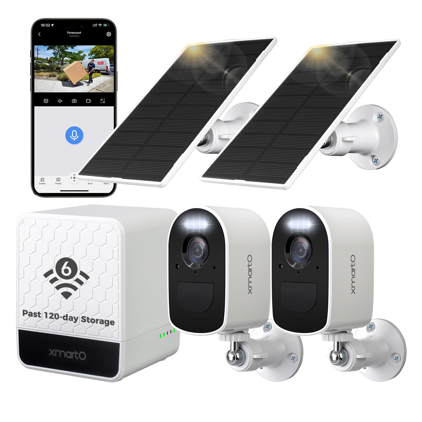xmartO 4MP QHD WiFi6 Dual-Band Wireless Solar-Powered Indoor & Outdoor Home Security Camera System (Long Range WiFi, Free 64GB Loop Storage, No