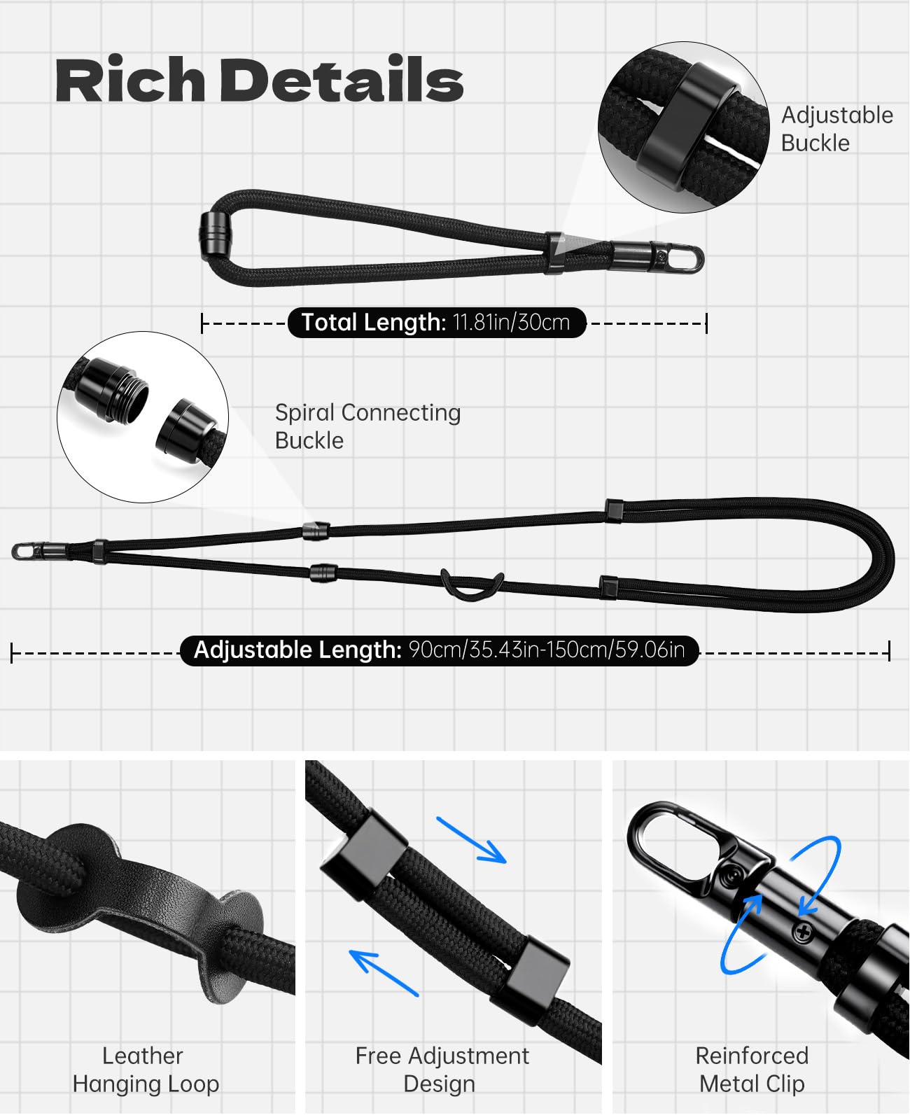 TiMOVO 3-in-1 Phone Lanyard, Detachable Phone Strap with Tether Tab, Adjustable Anti-Theft Crossbody Lanyard for Women and Men, Black