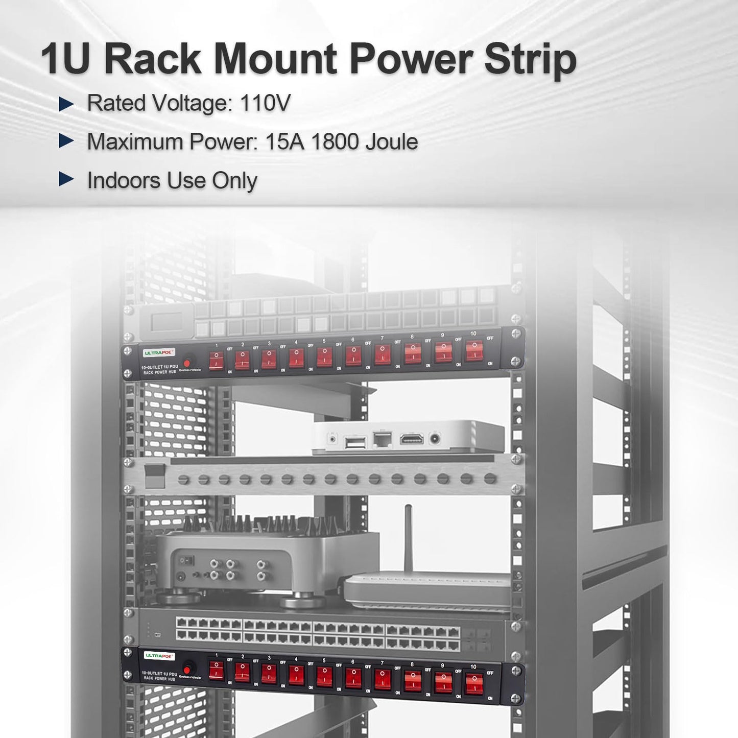 UltraPoE 10-Outlet 1U Horizontal PDU Rack Mount Power Strip - Overload Protector,100-240V/15A/1800 Joules,for Network Servers,Power Conditioner