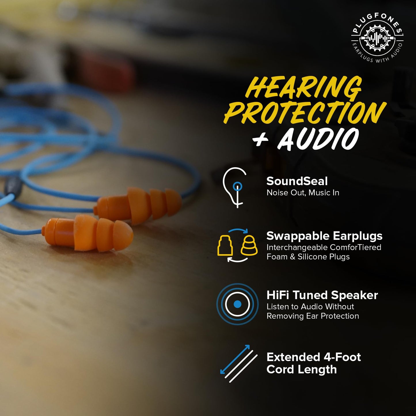 Plugfones Guardian Earplug Headphones - OSHA Approved Noise Isolating in-Ear Earbuds with Hearing Protection - Wired Hybrid for Work and Travel