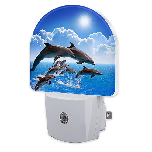 sndheke Jumping Dolphins Night Light Plug into Wall, Blue Sea and Bright Sky Dusk to Dawn Night Light Plug in,0.5w Energy Saving Sleep Friendly