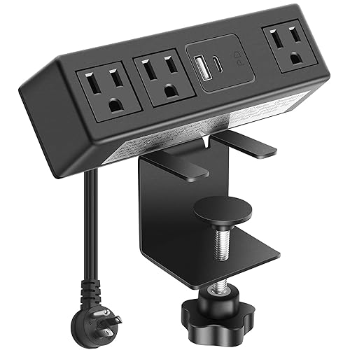 CCCEI Desk Clamp Power Strip with PD 3.0 Fast Charging USB C Port, on Desktop Mount Widely Spaced Outlet 10 FT Flat Plug, Fit 1.6 inch Tabletop Edge
