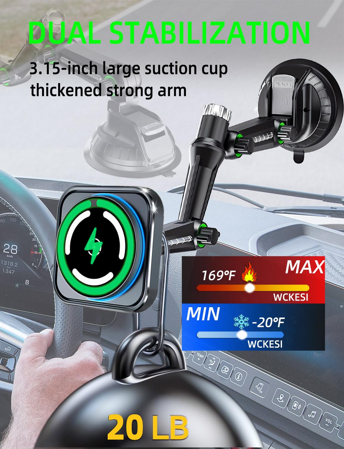 WCKESI for MagSafe Car Charger Phone Mount Holder for Truck,?11-inch Long arm? 15W Qi2 Magnetic Wireless Car Charging Windshield Dashboard, Truck