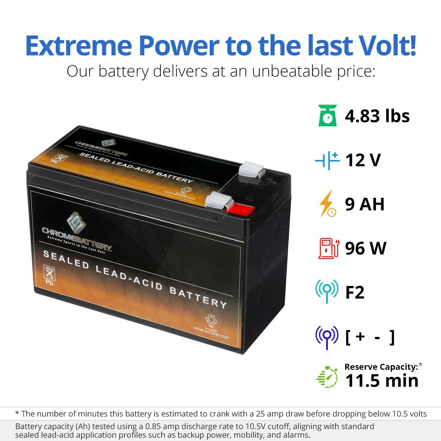 CB CHROMEBATTERY 12V 9AH Sealed Lead Acid (SLA) Rechargeable Battery - F2 Terminal - Deep Cycle Design - for UPS, Alarm Systems, Emergency Lighting…
