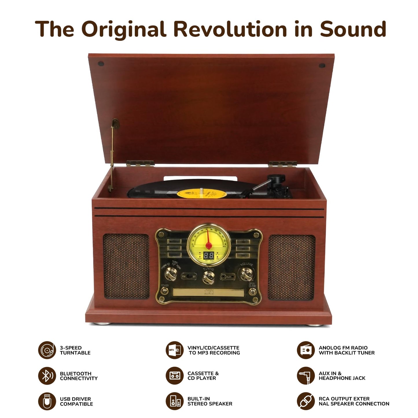 FEKTIK Bluetooth Record Player 10 in 1, 3-Speed Turntable for Vinyl with Speakers, LP to MP3 Converter, CD, Cassette Player, FM Radio, Wireless