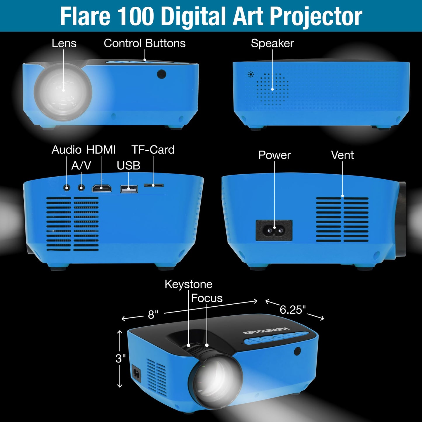 Artograph Flare 100 Digital Art Projector with Adjustable Monopod Stand, Blue/Black - 1080p Native Resolution, Built-In Art Grids for Drawing