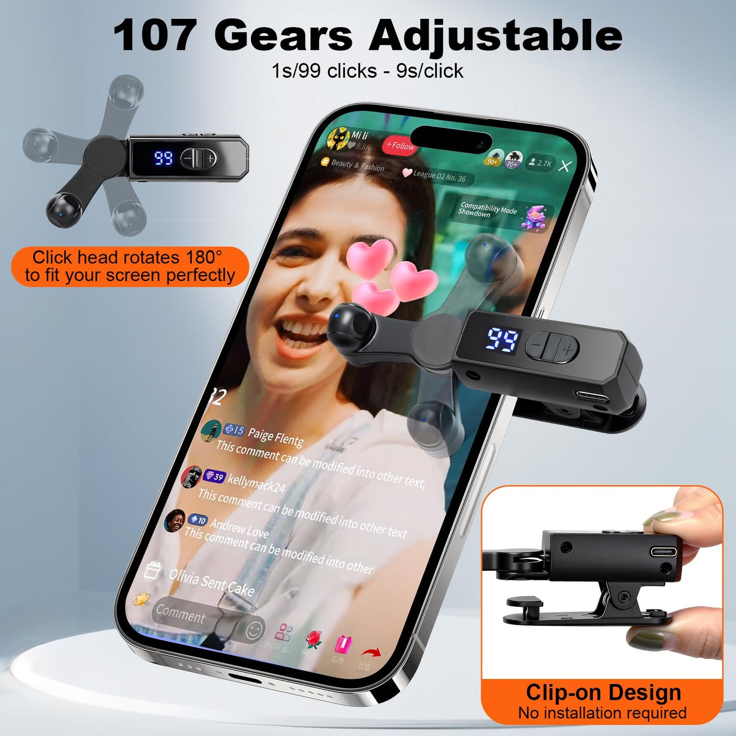 TRELC Rechargeable Auto Clicker, Phone Screen Device Speed Clicker for iPhone iPad Android, Silent & 107 Adjustable Speeds, Smart Tapper for Tiktok