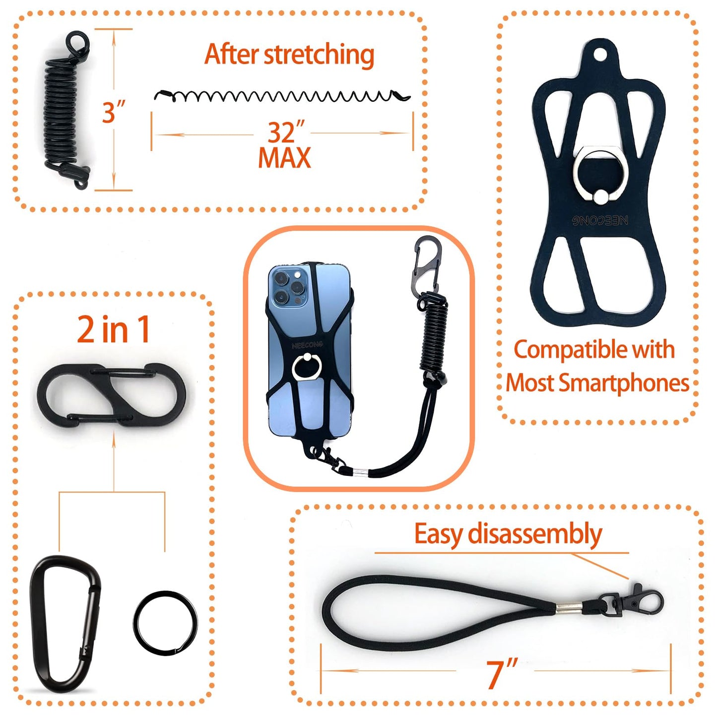 NEECONG Lanyard Holder, Universal Fishing Protect Rugged Phone Tether and Ring Grip, Compatible with Most Smartphones