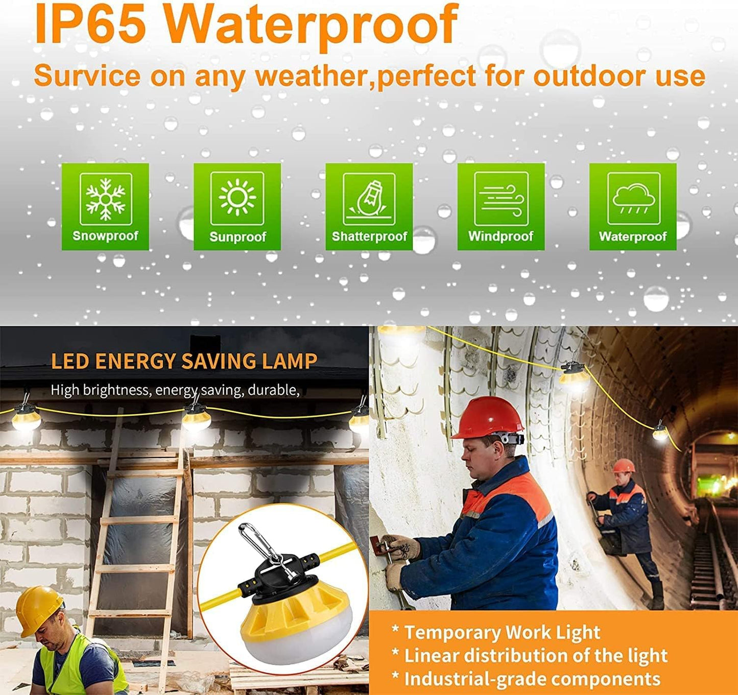 HooYan 100FT Construction LED String Lights, Industrial Grade Best for Construction Sites, Renovation,Patio, Mine cave, Outdoor, and Other Outdoor