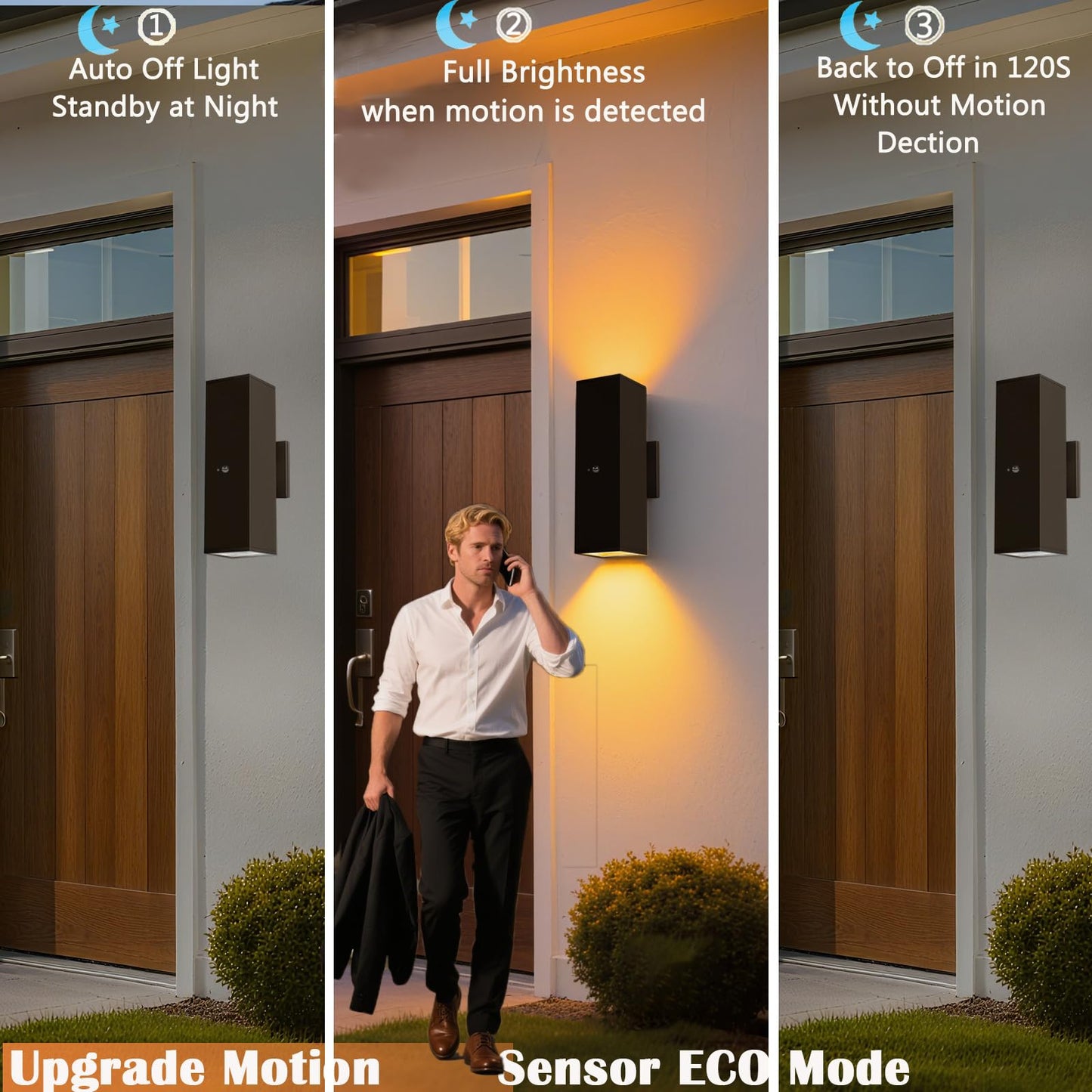 Motion Sensor Outdoor Wall Lights 2-Pack, Dusk to Dawn Exterior Light Fixtures with 3 Lighting Modes, 13'' Up Down Porch Lights with 15W LED Bulbs