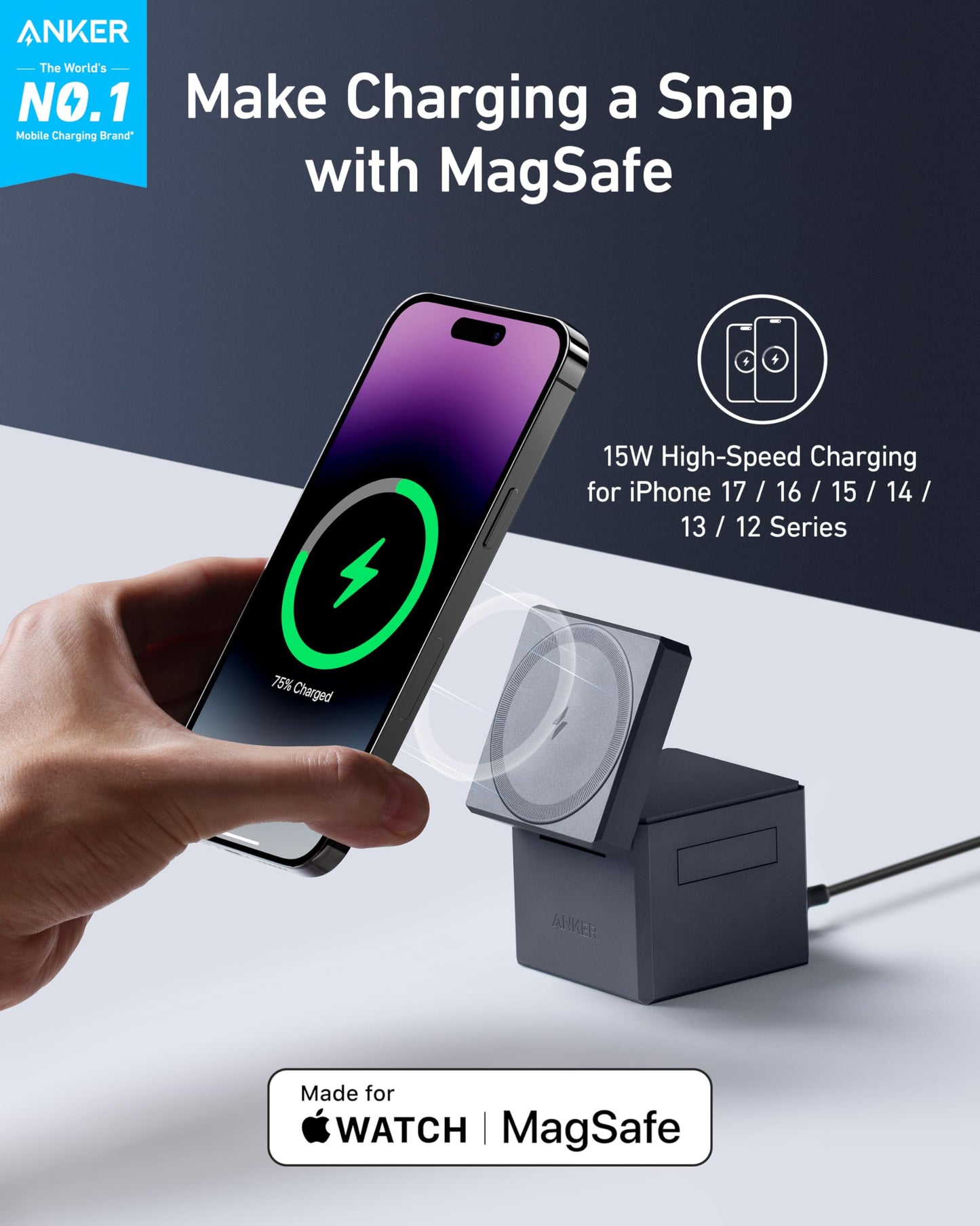 Anker 3-in-1 Cube Wireless Charger, MagSafe Charging Stand, 15W Foldable Fast Charging Station for iPhone 17/16/15, Apple Watch 1-8/Ultra, AirPods