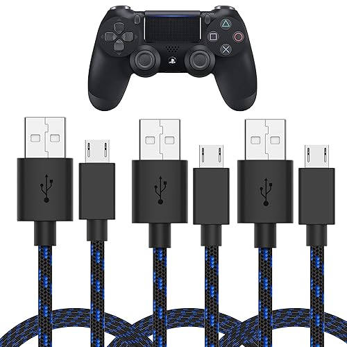TalkWorks Micro USB Controller Charger Cable for PlayStation 4-6-Foot Long Braided Heavy-Duty Fast Charger Cord for PS4, Blue-Black (3 Pack)