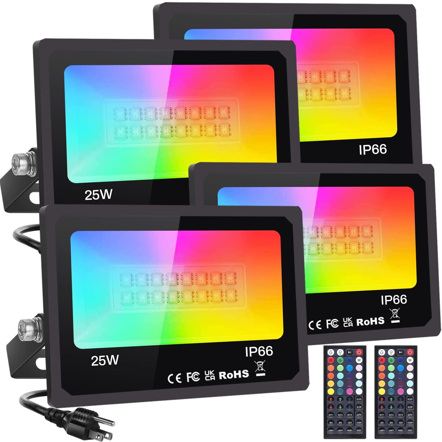 Upgraded LED Flood Light Outdoor 25W 4 Pack, DIY Color Changing Christmas Lights Outdoor Patio Floodlights with Remote, IP66 Waterproof RGB Spot Light