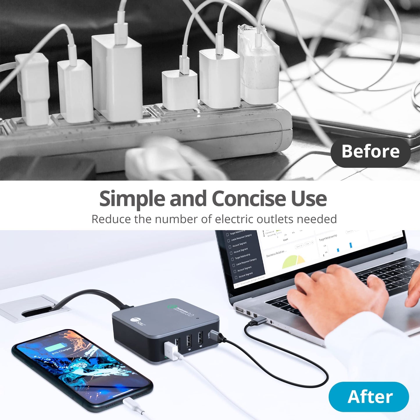 SIIG USB C Charger 5 Port 45W with Quick Charge 3.0, USB Type C & QC 3.0 Desktop Charging Station Plus Phone / Tablet Organizer Stand - Black