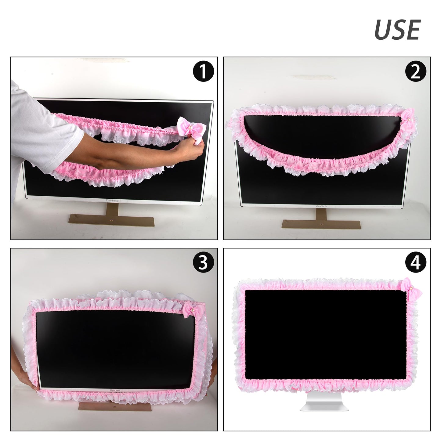 Kingshion 32"-38" Lovely Cute Computer Monitor Cover with Lovely Cute Elastic Pen Pocket Bow-knot TV LCD Screen Monitor Decoration Dust Cover