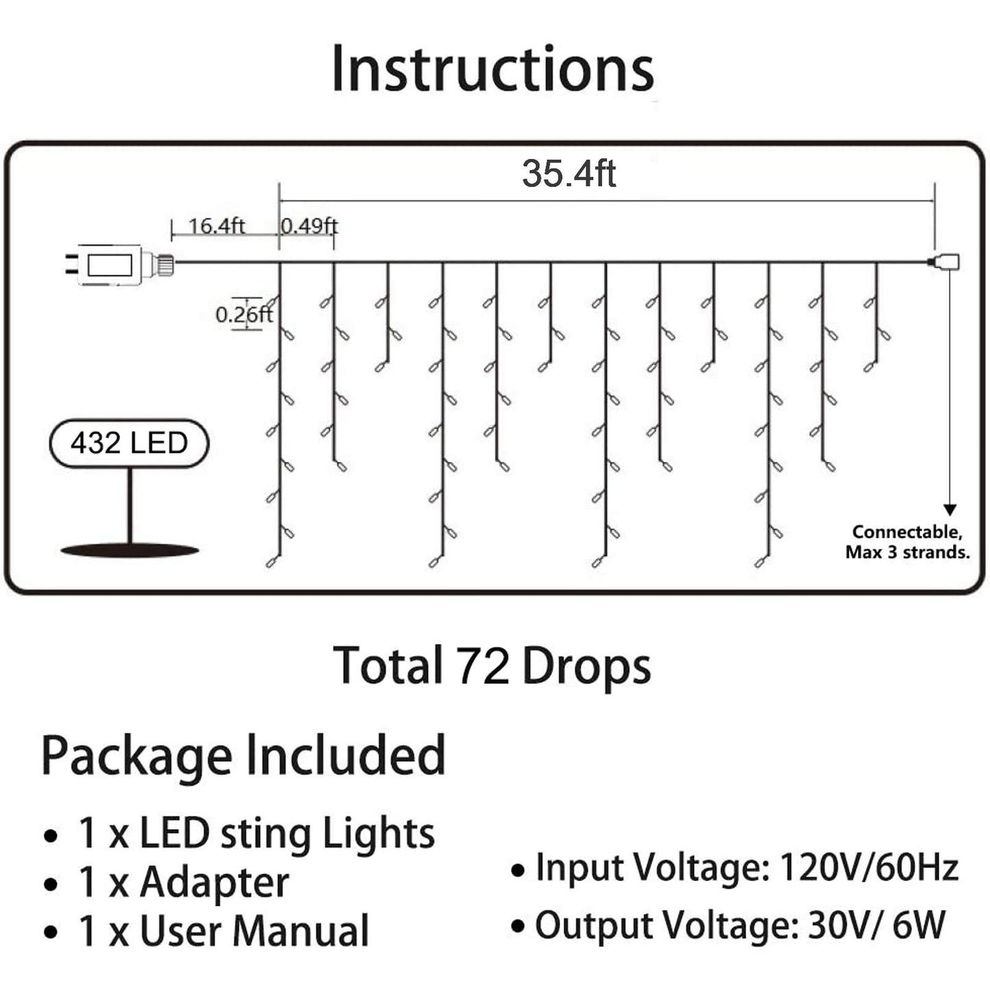 LYHOPE Icicle Christmas Lights, 432 LED 35.4ft 8 Modes Icicle String Lights with 72 Drops, Window Curtain Fairy Lights for Xmas, Eaves, Wedding
