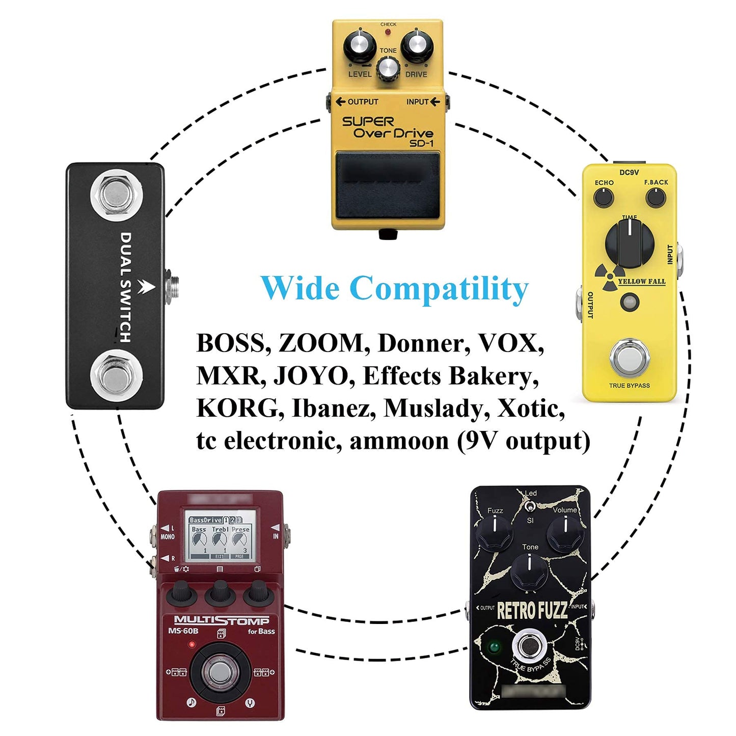 Replacement for 9V Guitar Pedal Power Supply 9 Volt Power Supply for Guitar Pedals,1A Tip Negative with 5 Way Daisy Chain Power Cable