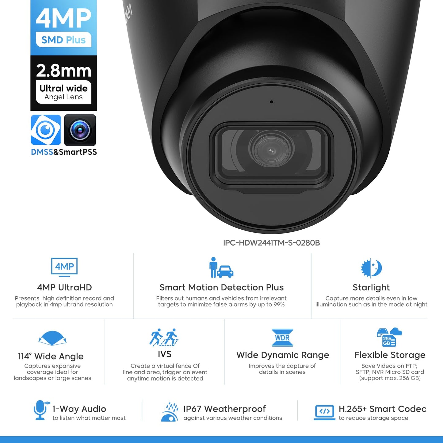 VALUCAM 4MP PoE Turret IP Camera Black Starlight 0.006Lux@F1.6 PoE Camera Outdoor, Smart Human/Vehicle Detection, Intrusion Tripwire Alarm, 2.8mm Wide