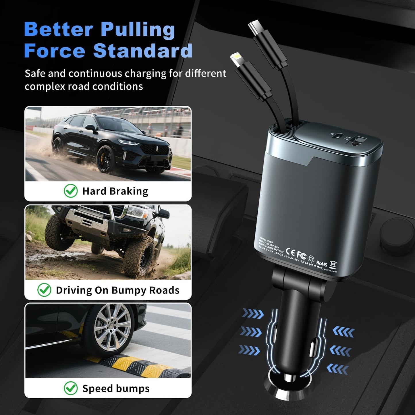 Retractable Car Charger 4 in 1, Car Charger USB C Fast Charge 84W Cigarette Lighter USB Charger, Travel Essentials Car Accessories Gifts for Men Women