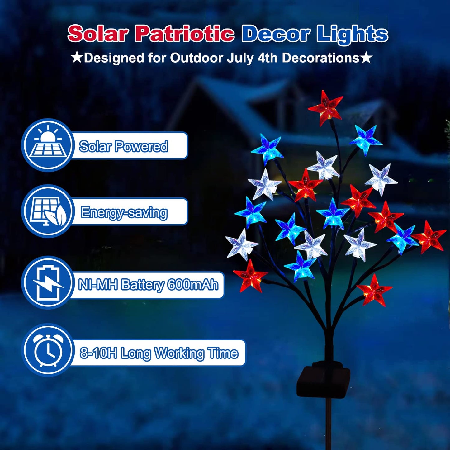 2 Packs Solar 4th of July Decorations Outdoor Lights, Solar Red White and Blue Star Pathway Lights, Waterproof Outdoor Patriotic Decorations Lights