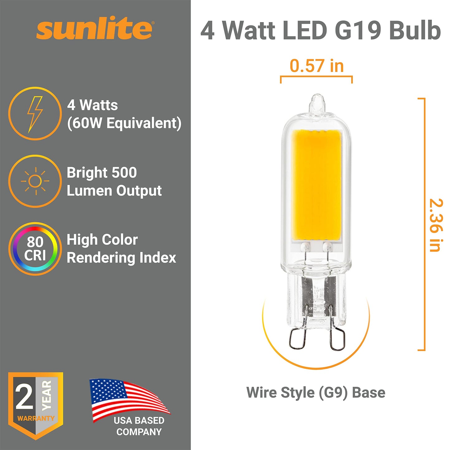 Sunlite 80819-SU LED G9 Light Bulb 4 Watts (60W Equivalent), 500 Lumens, Bi Pin Base, Non-Dimmable, UL Listed, 50k- Super White, 1 Pack