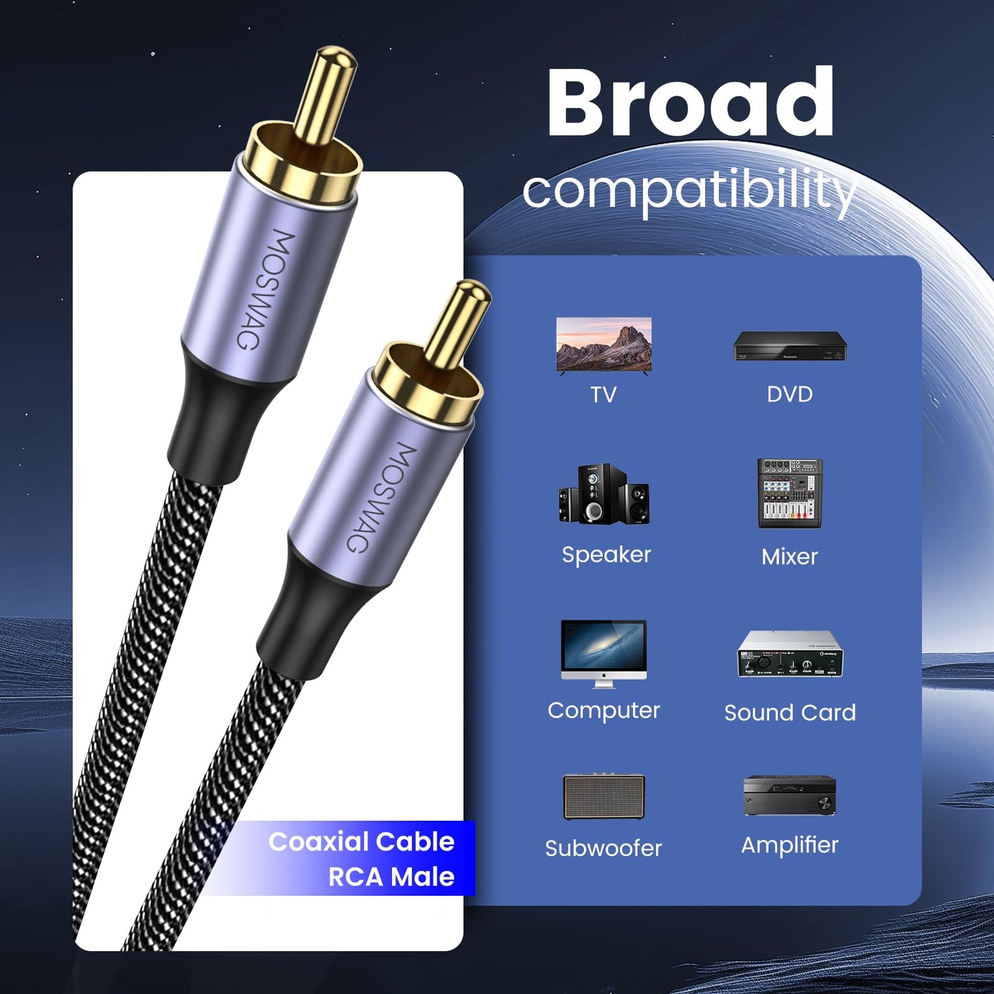 MOSWAG RCA Coaxial Cable, Digital Audio Cable, RCA Digital Coaxial Cord 24K Plated Nylon, Suitable for Home Theaters, Audio Systems, PS3, Wii, Car