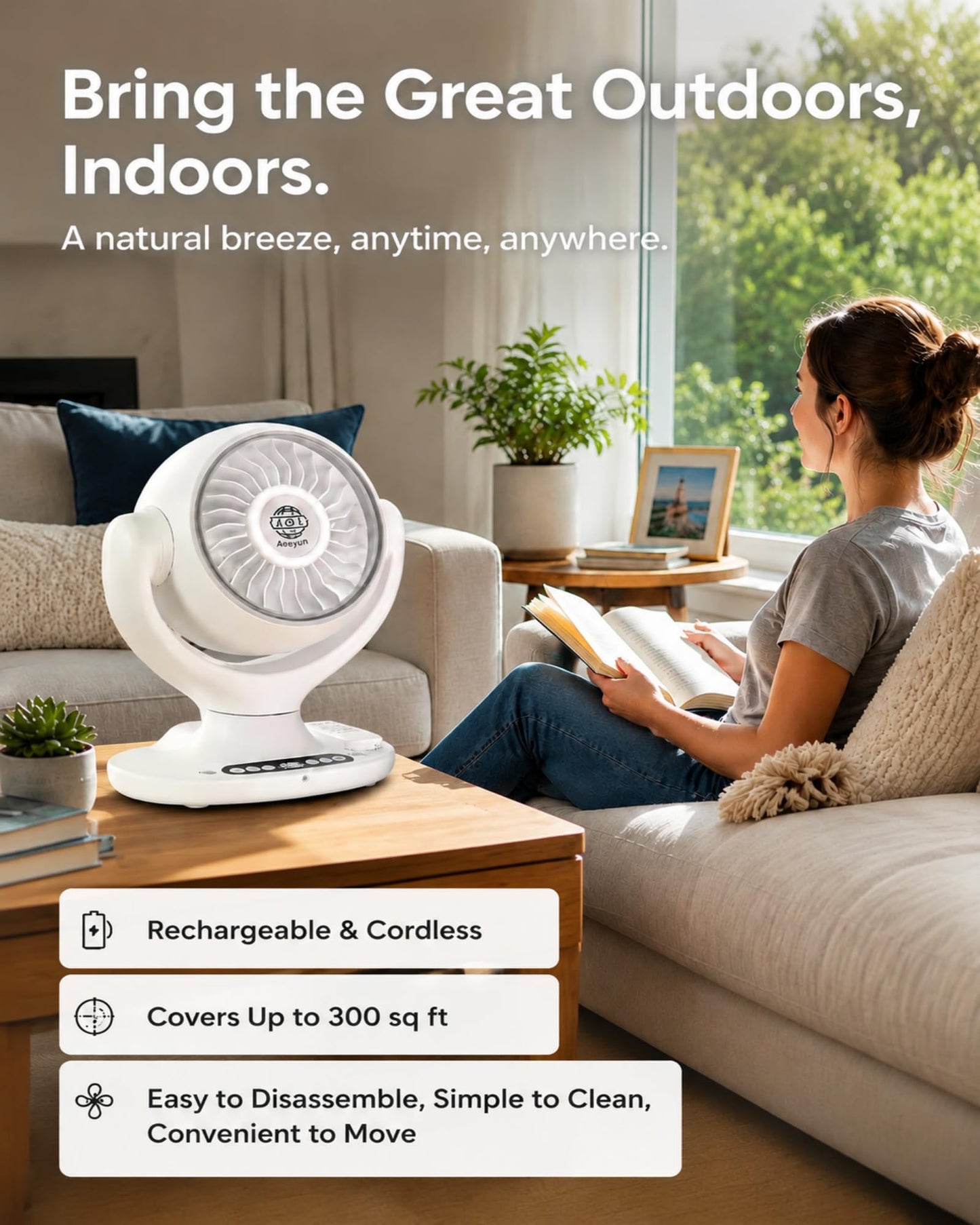 Aaoyun Cordless Desk Fan, 12000mAh Rechargeable Air Circulator with Remote, 3D Oscillating Table Fan, 8 Speeds Quiet DC Motor, 4-Level LED Light