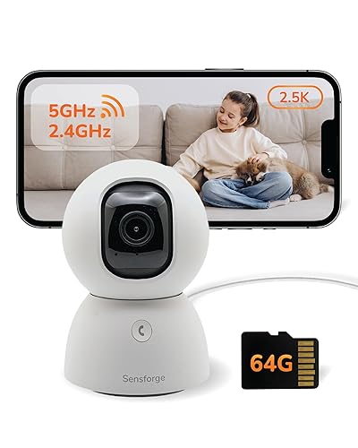 Sensforge 2.5K Indoor Pan-Tilt Dome Security Camera, 360° Coverage, AI Human & Pet Detection, Two-Way Talk, Dual-Band Wi-Fi (2.4G/5G), 64GB SD Card