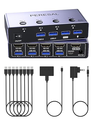 8K@60Hz HDMI KVM Switch 4 Computers Share One Monitor with 4 USB 3.0 Ports Aluminum KVM Switches, Share Keyboard Mouse Hard Drives Printer with 4 HDMI