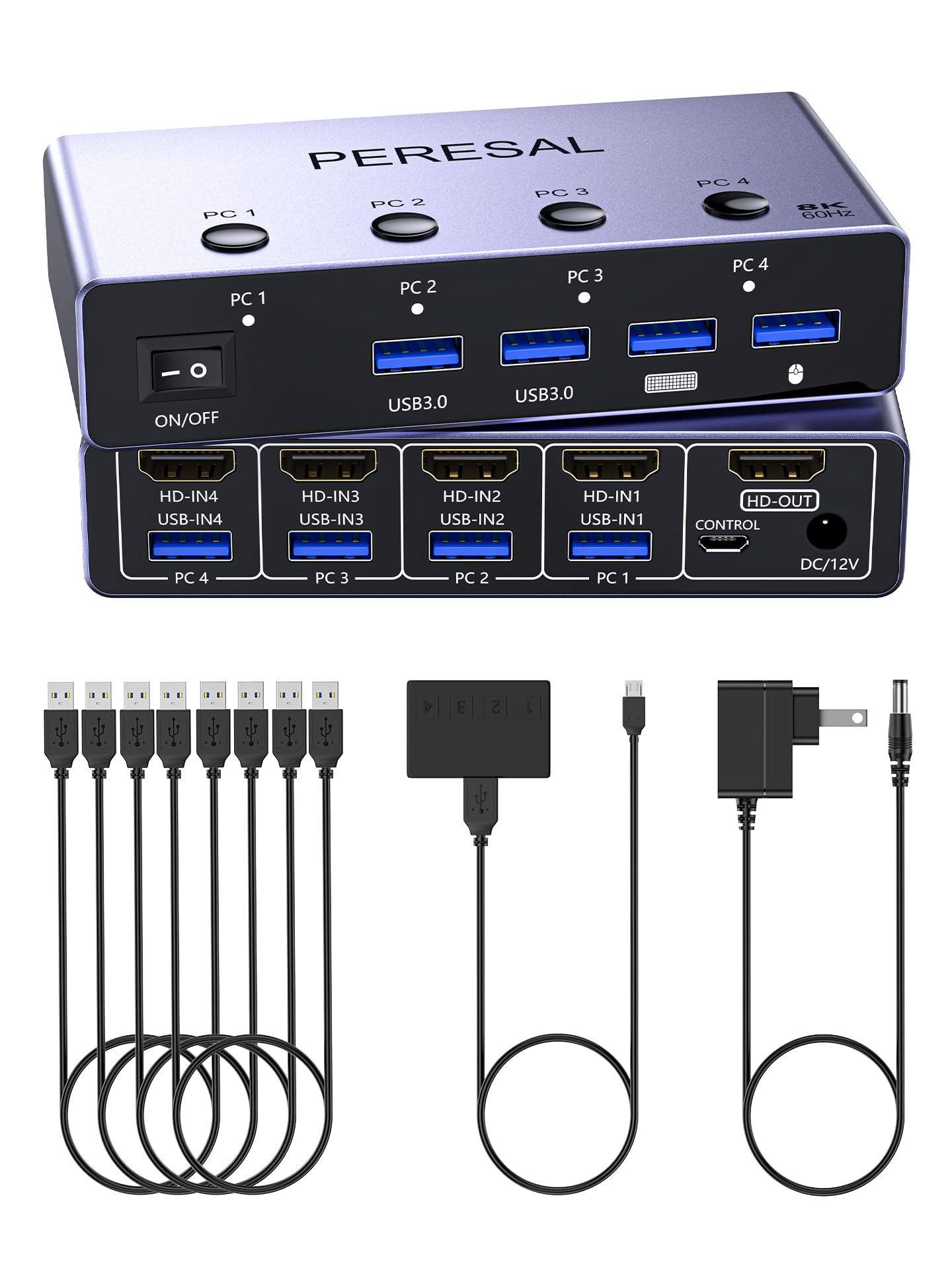 8K@60Hz HDMI KVM Switch 4 Computers Share One Monitor with 4 USB 3.0 Ports Aluminum KVM Switches, Share Keyboard Mouse Hard Drives Printer with 4 HDMI