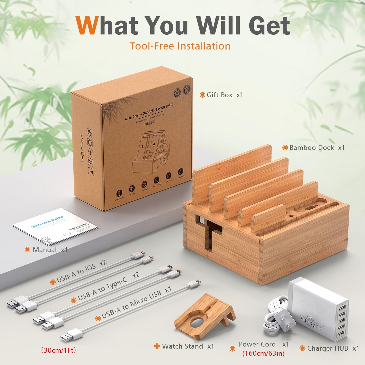 Pezin & Hulin Bamboo Charging Station for Multiple Devices Include 5 Port USB Charger, 5 Cables, Desktop Organizer for Phones, Tablet, Wooden Docking