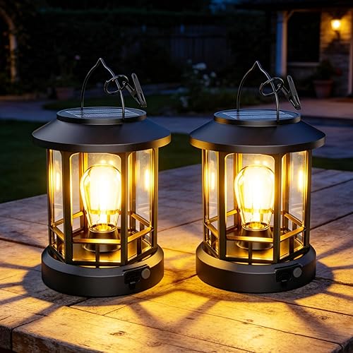 2 Pack Sloar Lanterns Outdoor Waterproof, Hanging Solar Lights with Clip Adjustable Brightness, Retro Solar Powered Lantern for Yard Garden Path