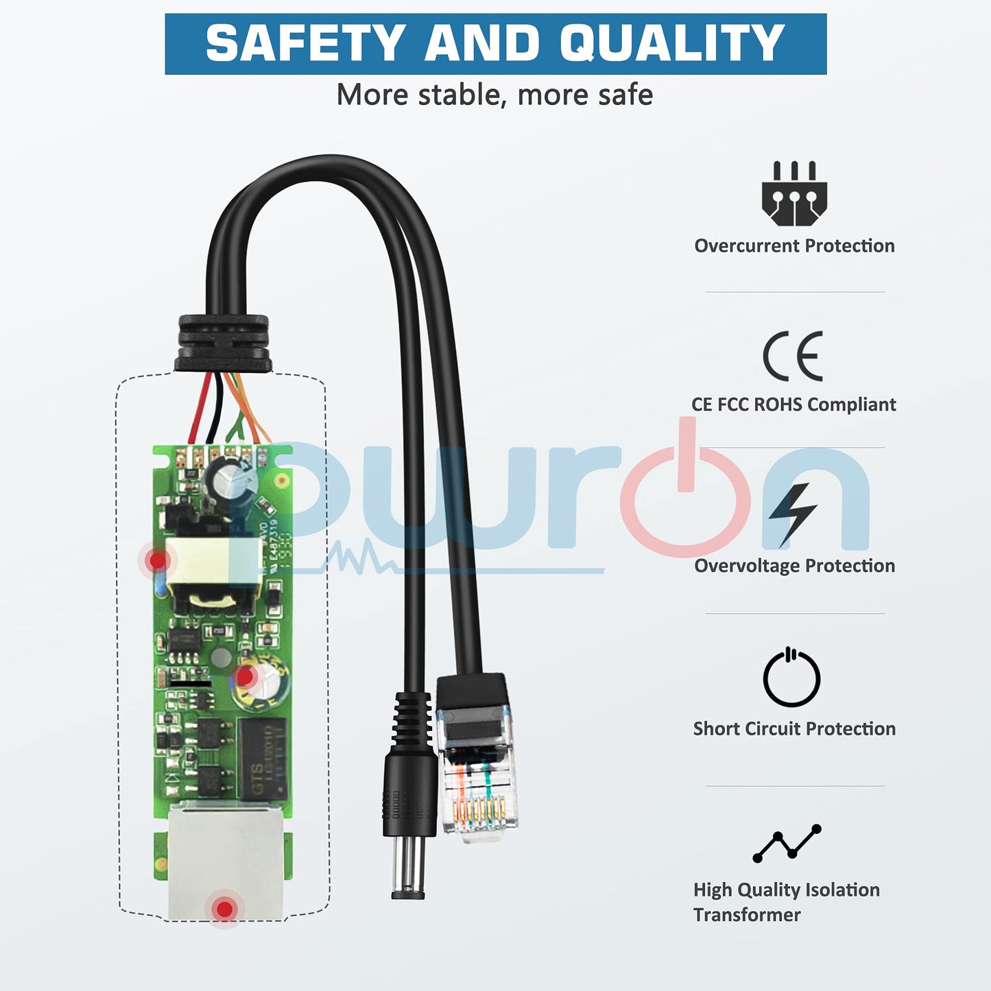 PwrON Active POE Splitter Adapter, 48V to 12V, IEEE 802.3af Compliant, 10/100Mbps up to 100 Meters for Surveillance Camera, Wireless Access Point