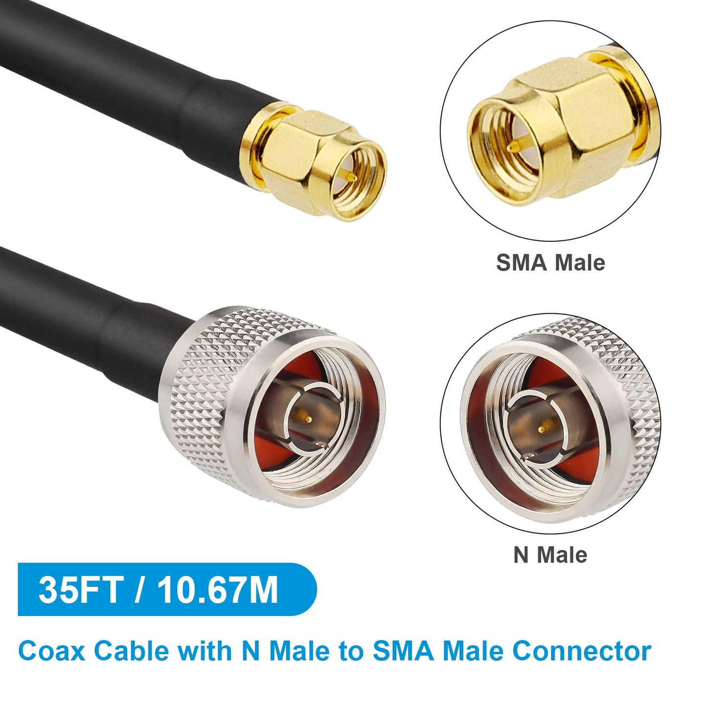 MOOKEER RG58 N Male to SMA Male Cable - 35FT Low Loss SMA to N Cable 50 Ohm for WiFi Router,GPS Receiver,Antenna,Signal Booster Use